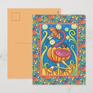 CARTES POUR FÊTES ANNUELLES FLAMANT ROSE ET CHAT NOIR D'HALLOWEEN DANS CITROUI