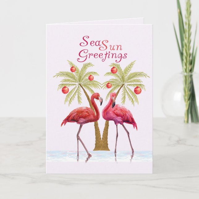 Cartes Pour Fêtes Annuelles Flamant rose Palm Trees Aquarelle Noël (Devant)