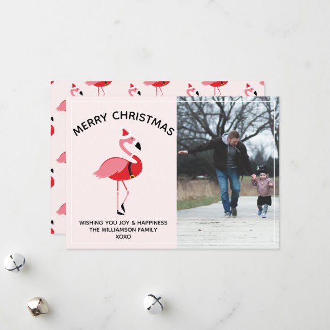 Cartes Pour Fêtes Annuelles Flamant rose Père Noël Photo Noël (Devant/Arrière en situation)