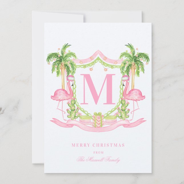 Cartes Pour Fêtes Annuelles Flamant rose preppy Christmas Crest Photo (Devant)