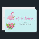 Cartes Pour Fêtes Annuelles Flamant rose rose à Santa Hat Noël Whimsical<br><div class="desc">Une carte de Noël plate avec un flamant de Noël à thème tropical portant un chapeau de santa rose. Sous ses pieds se trouve un bouquet de sucre de canne avec de jolies fleurs tropicales et des baies roses. Un bourgeon de saint sur sa poitrine.</div>