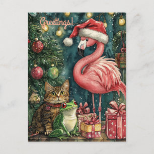 Cartes Pour Fêtes Annuelles Flamant rose rose Chat & Grenouille Noël tropical