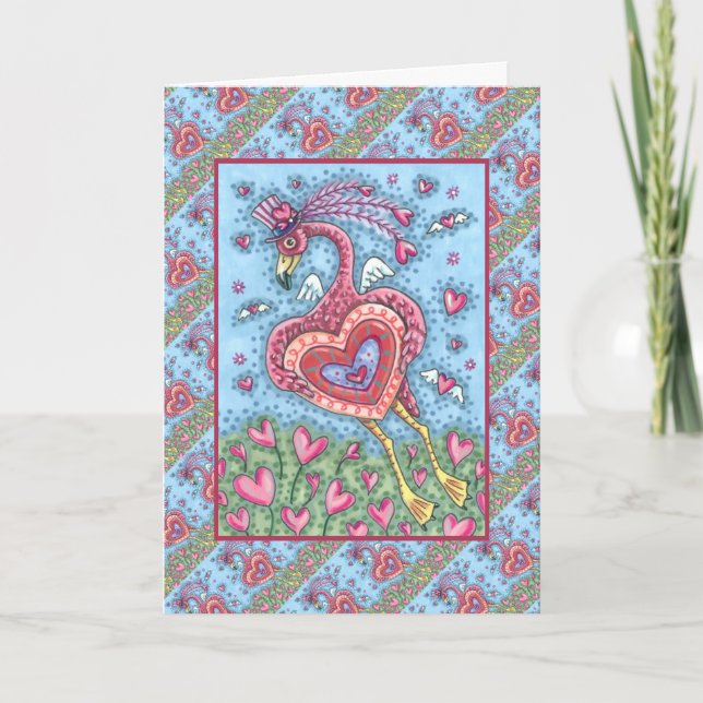 Cartes Pour Fêtes Annuelles Flamant rose ROSE CUPIDE ET COEURS DE VOL VALENTIN (Devant)