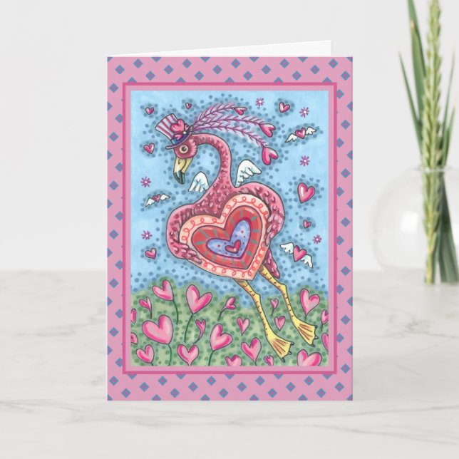 Cartes Pour Fêtes Annuelles Flamant rose ROSE CUPIDE ET COEURS DE VOL VALENTIN (Devant)