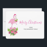 Cartes Pour Fêtes Annuelles Flamant rose rose en Santa Hat avec Sucre de canne<br><div class="desc">Une carte de Noël plate avec un flamant de Noël à thème tropical portant un chapeau de santa rose. Sous ses pieds se trouve un bouquet de sucre de canne avec de jolies fleurs tropicales et des baies roses. Un bourgeon de saint sur sa poitrine.</div>