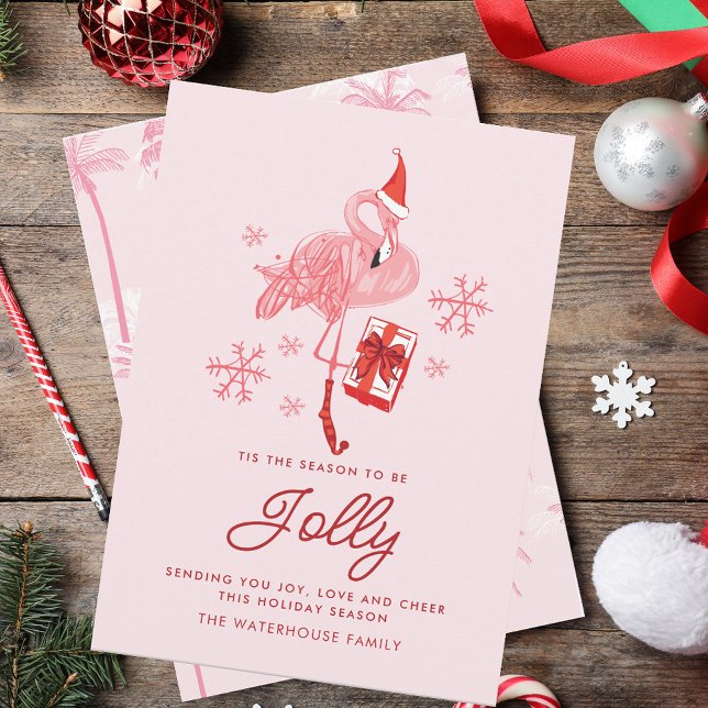Cartes Pour Fêtes Annuelles Flamant rose rose Script Plage tropicale Noël (Pink Flamingo Script Tropical Beach Christmas Holiday Card)