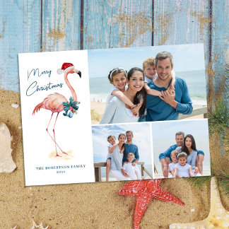 Cartes Pour Fêtes Annuelles Flamant rose Tropical Beach Photo de Noël