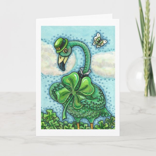 CARTES POUR FÊTES ANNUELLES FLAMANT ROSE VERT IRLANDAIS CUTE HAPPY ST. JOUR DE (Devant)