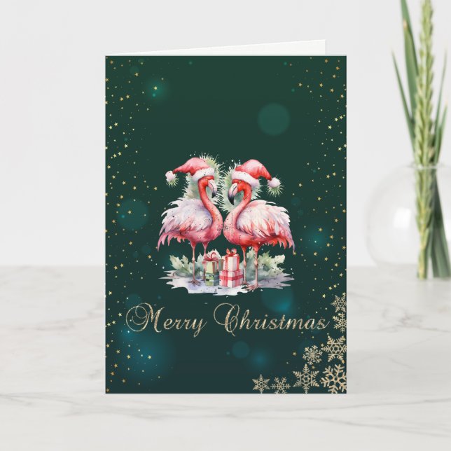 Cartes Pour Fêtes Annuelles Flamants roses roses présente Snowflakes Holiday (Devant)