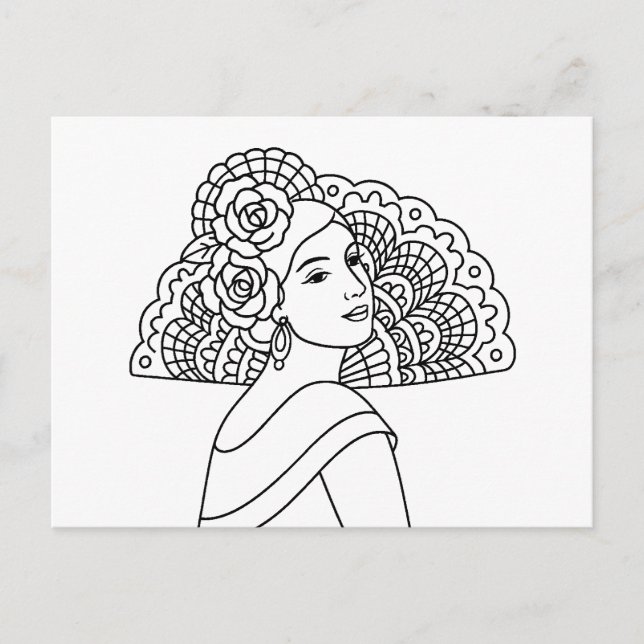 Cartes Pour Fêtes Annuelles Flamenco Spanish Lady With Fan Ink art Drawing (Devant)