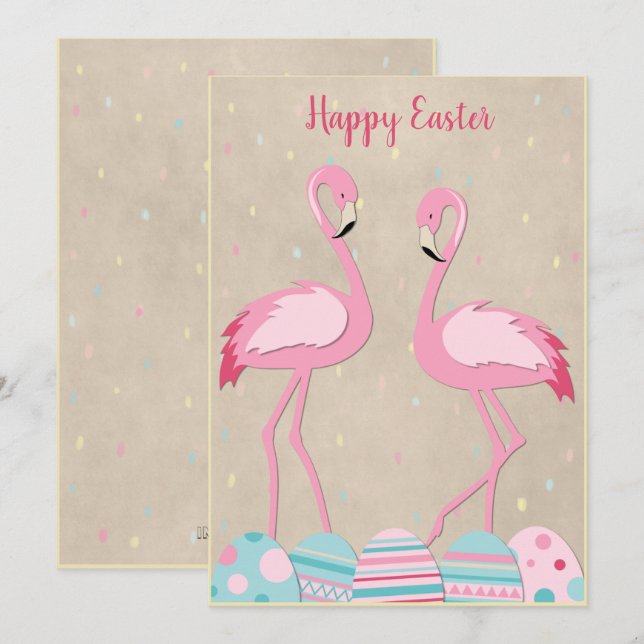 Cartes Pour Fêtes Annuelles Flamingo de Pâques et oeufs peints (Devant / Derrière)
