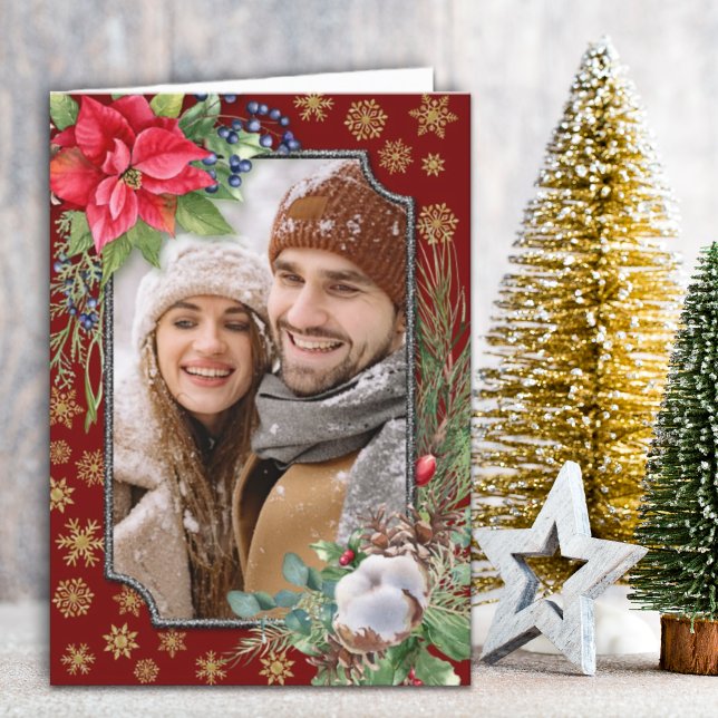 Cartes Pour Fêtes Annuelles Flammes de neige en or de Poinsettia Noël (Créateur téléchargé)