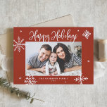 Cartes Pour Fêtes Annuelles Flammes de neige Whimsical Red Happy Holidays Phot<br><div class="desc">Joyeuses fêtes ! Envoyez des voeux chaleureux à votre famille et à vos amis avec cette carte de vacances fantaisiste. Il comprend des flocons de neige fantaisistes et de la calligraphie moderne. Personnalisez cette carte de vacances photo en ajoutant vos détails. Ce carte photo de vacances en flocon de neige...</div>