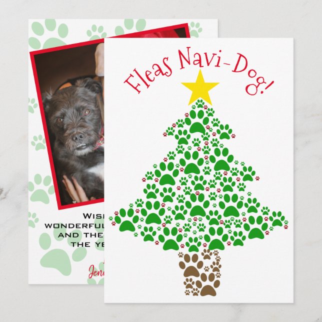 Cartes Pour Fêtes Annuelles Fleas Navi-Dog mignon Empreinte de patte sapin de  (Devant / Derrière)