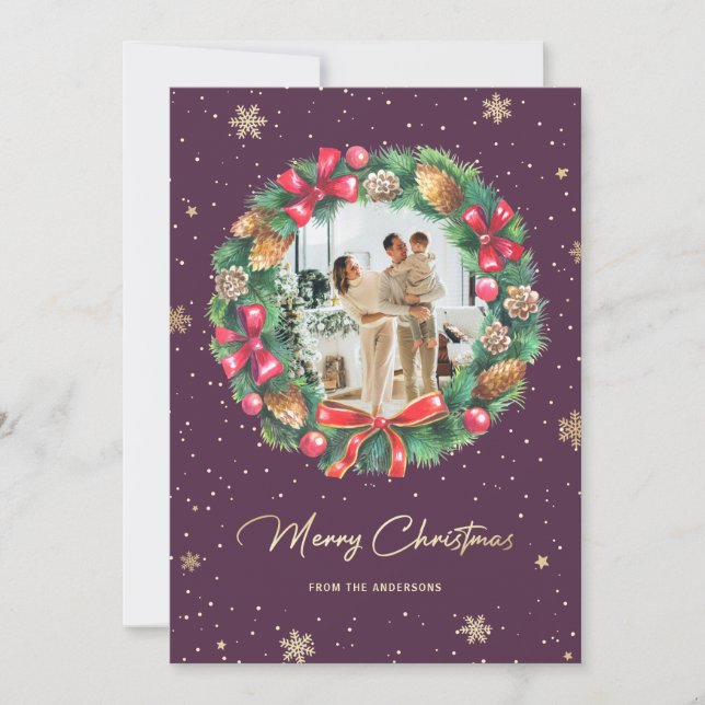 Cartes Pour Fêtes Annuelles Flèche de neige en or violet Wreath Photo (Devant)