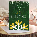 Cartes Pour Fêtes Annuelles Flèche de neige moderne Gold Foil Paix Joie Amour<br><div class="desc">"Paix, joie et amour." Une illustration géante, amusante, ludique, feuille d'or et blanc flocon de neige et typographie moderne sur un riche arrière - plan d'aquarelle vert foncé marbre foncé vous aide à ouvrir la saison des fêtes. Une bordure en points de confettis blanc et or encadre le dessus. Votre...</div>