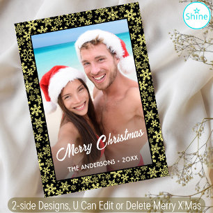 Cartes Pour Fêtes Annuelles Flèche de neige Photo personnalisée Noir & Or 2 Co
