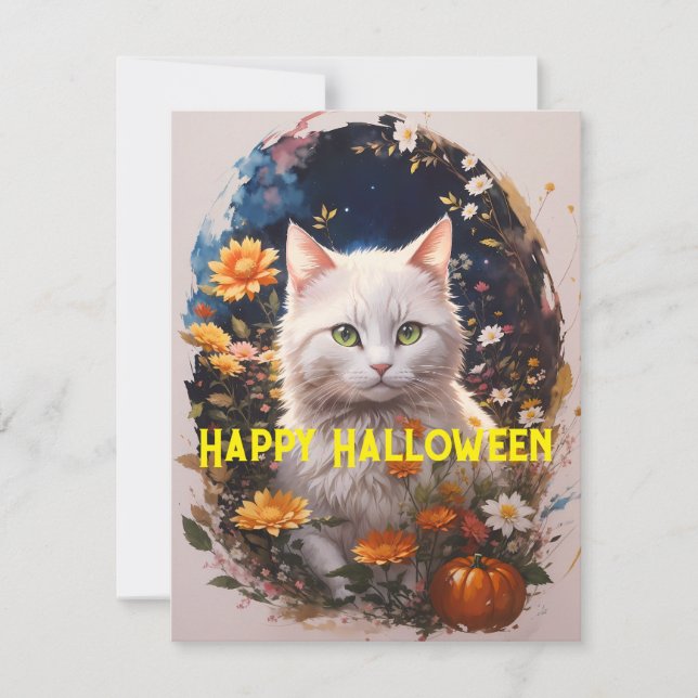 Cartes Pour Fêtes Annuelles Fleur de chat blanc Happy Halloween Magie (Devant)