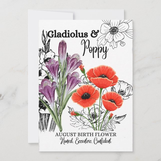 Cartes Pour Fêtes Annuelles Fleur de naissance, août, Gladiolus, Pavot, Annive (Devant)