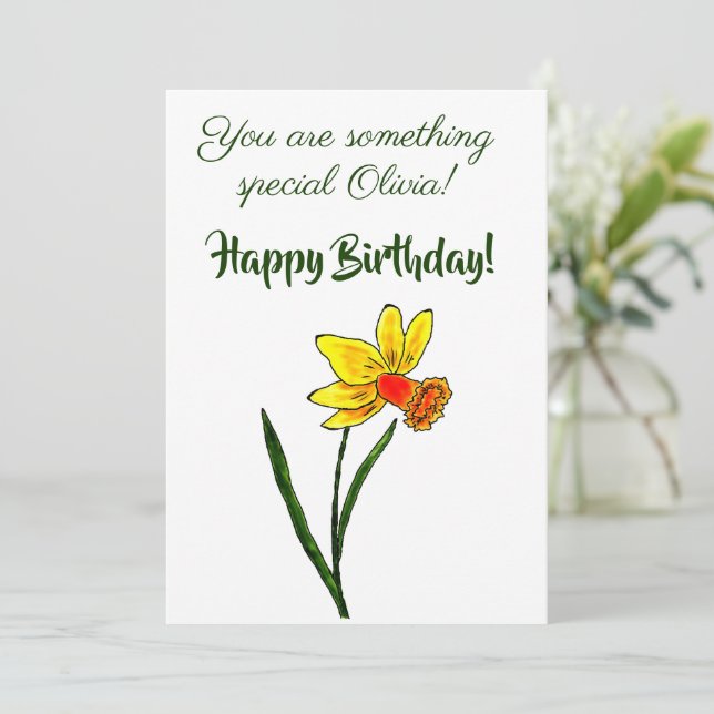 Cartes Pour Fêtes Annuelles Fleur de naissance de mars Aquarelle Daffodique Mi (Debout devant)