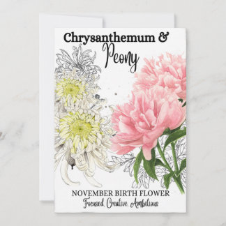 Cartes Pour Fêtes Annuelles Fleur de naissance, Novembre, Chrysanthème, Peony