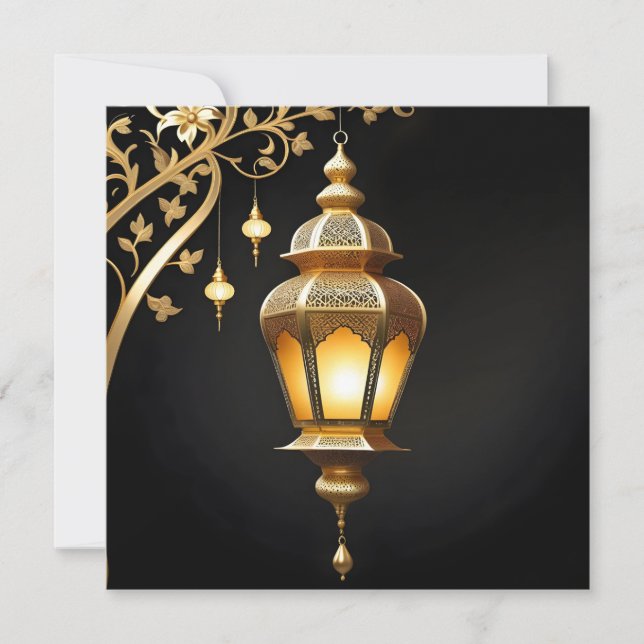 Cartes Pour Fêtes Annuelles Fleur Eid Mubarak Lanterne Islamique Noir Or (Devant)