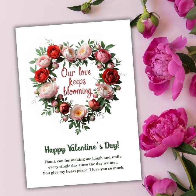 Cartes Pour Fêtes Annuelles Fleur florale romantique Saint-Valentin cœur fleur (Romantic Blooming Floral Heart Valentine's Day Holiday Card)