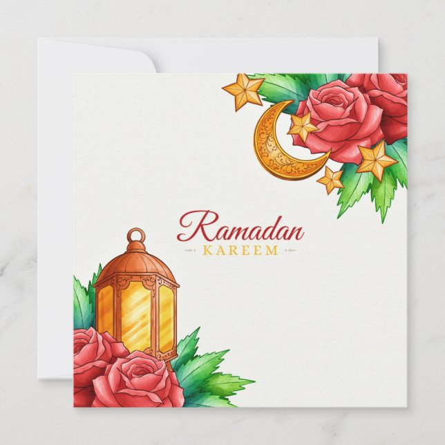 Cartes Pour Fêtes Annuelles fleuri Ramadan Kareem | Croissant d'or et lanterne (Devant)