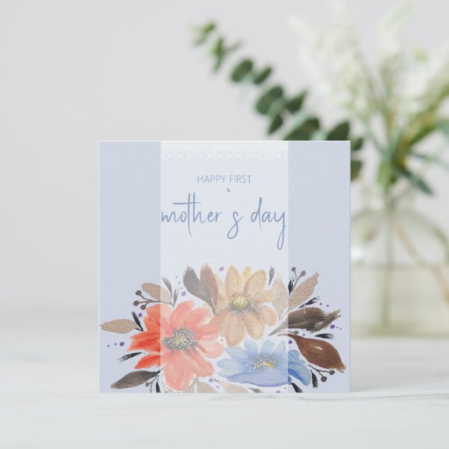 Cartes Pour Fêtes Annuelles Fleurs aquarelle pastel bleu élégant  (Debout devant)