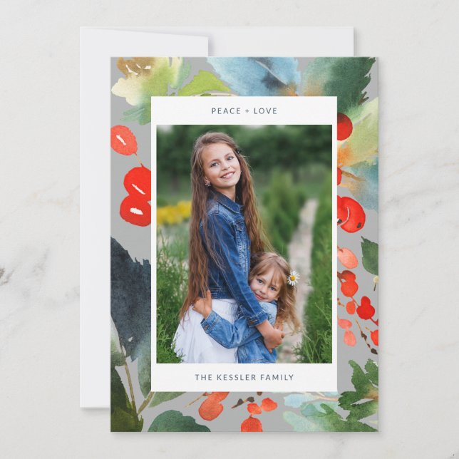 Cartes Pour Fêtes Annuelles Fleurs aquarelles Noël élégant deux photo gris (Devant)