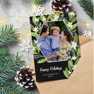 Cartes Pour Fêtes Annuelles Fleurs Blanches Baies Bleues Hexagone Joyeuses Fêt