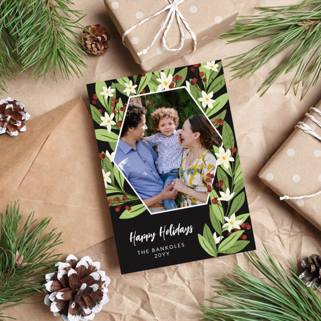 Cartes Pour Fêtes Annuelles Fleurs Blanches Baies Rouges Hexagone Joyeuses Fêt (Créateur téléchargé)