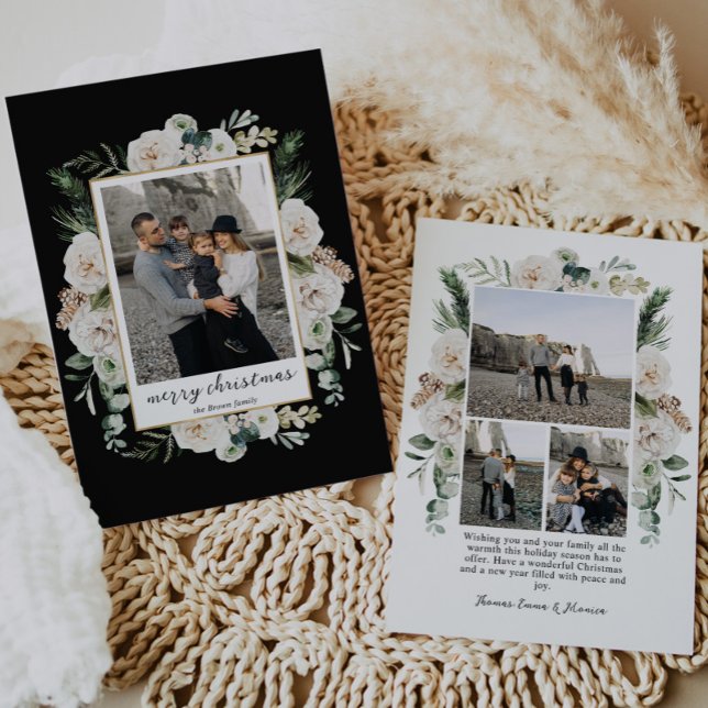 Cartes Pour Fêtes Annuelles Fleurs blanches d'hiver | Photo en noir et blanc (Créateur téléchargé)