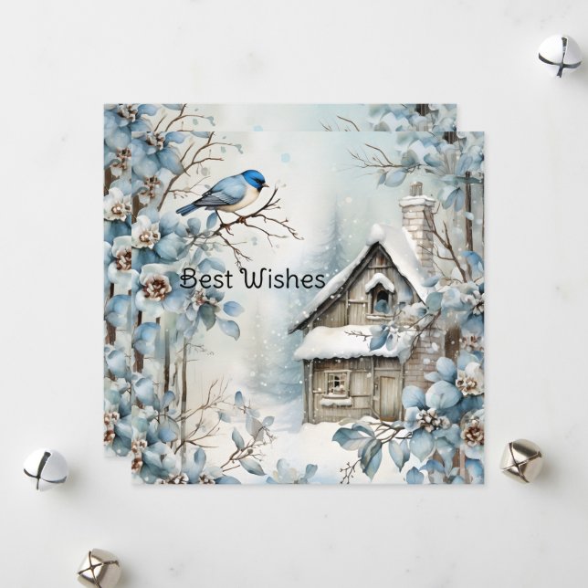 Cartes Pour Fêtes Annuelles Fleurs bleues pastel Oiseau Vieille Maison Noël (Devant/Arrière en situation)