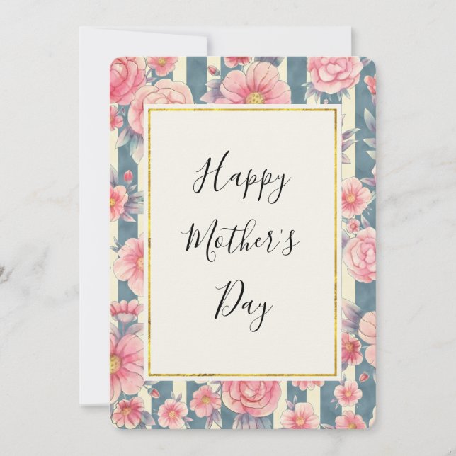 Cartes Pour Fêtes Annuelles Fleurs d'aquarelle rose en rayures Fête des mères (Devant)