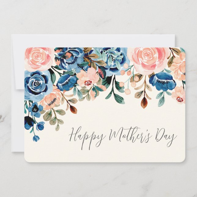 Cartes Pour Fêtes Annuelles Fleurs d'aquarelle rose et bleu Fête des mères (Devant)