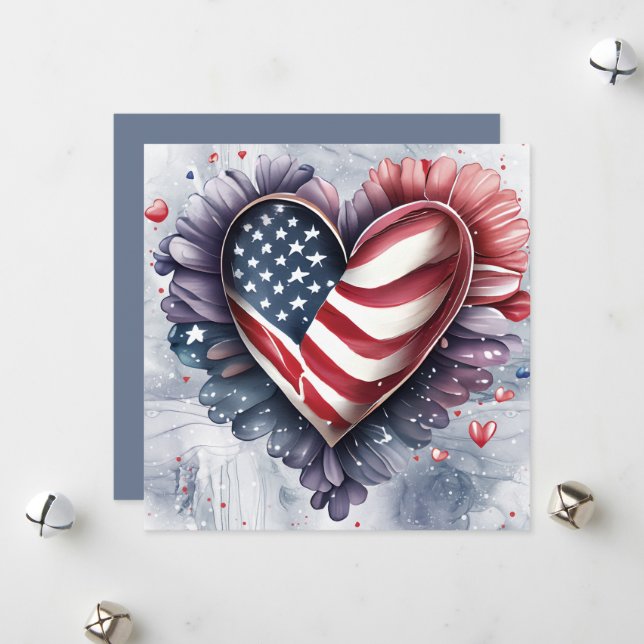 Cartes Pour Fêtes Annuelles Fleurs d'art de coeur américain patriotique (Devant/Arrière en situation)