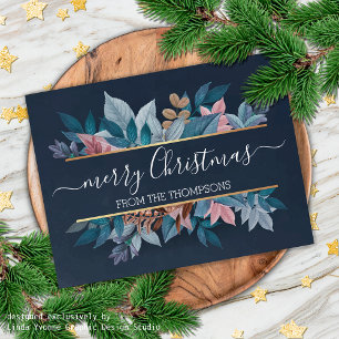 Cartes Pour Fêtes Annuelles Fleurs de feuillage rose clair sur fond bleu foncé