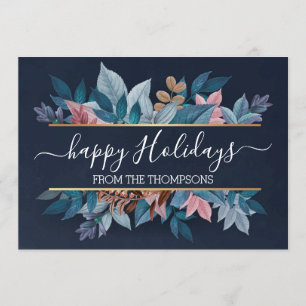 Cartes Pour Fêtes Annuelles Fleurs de feuillage rose clair sur fond bleu foncé