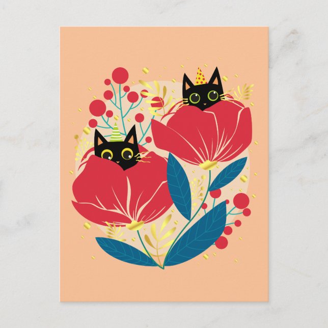 Cartes Pour Fêtes Annuelles Fleurs de jardin de chat Noir Or (Devant)