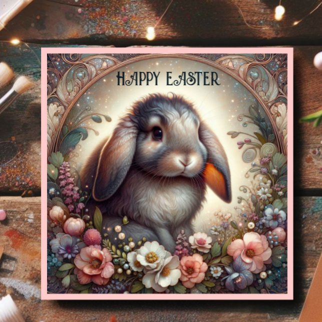 Cartes Pour Fêtes Annuelles Fleurs de lapin matures à lop joyeux Pâques (Créateur téléchargé)