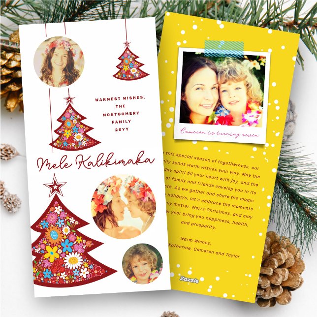 Cartes Pour Fêtes Annuelles Fleurs de printemps Arbre de Noël Ornements 3 Phot (Spring Flowers Christmas Tree Ornaments Mele Kalikimaka 3 Photo Holiday Card @ fat_fa_tin)