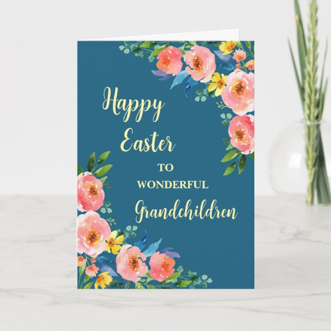 Cartes Pour Fêtes Annuelles Fleurs de printemps Joyeux petits-enfants de Pâque (Devant)