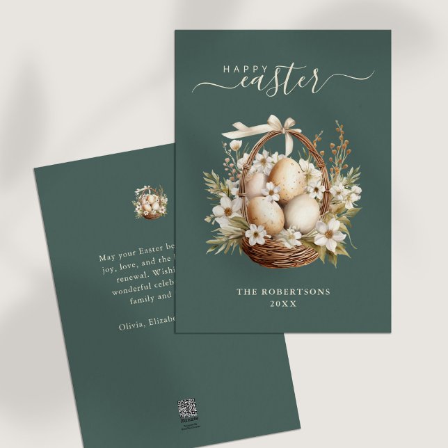 Cartes Pour Fêtes Annuelles Fleurs de printemps Oeufs Sage Vert Joyeux Pâques (Spring Flowers Eggs Sage Green Happy Easter Holiday Card on a white table.)