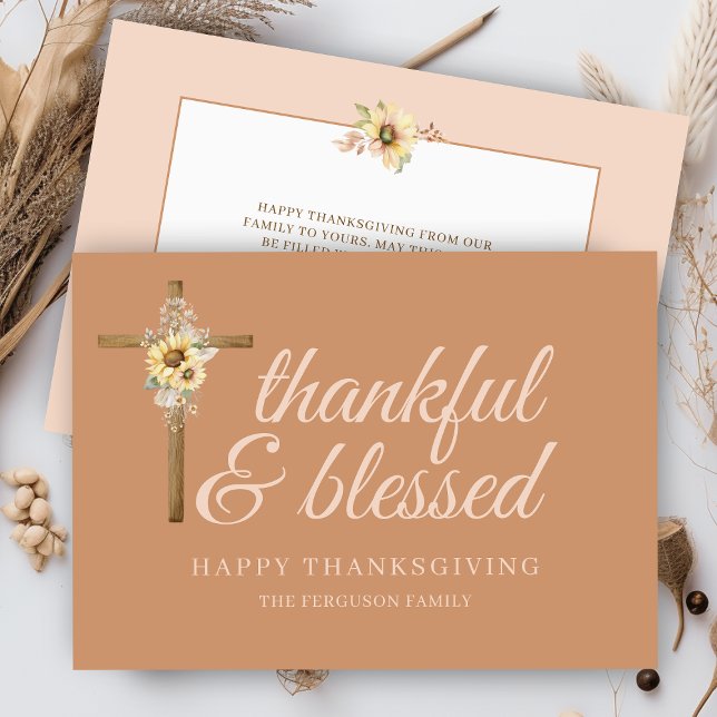 Cartes Pour Fêtes Annuelles Fleurs de soleil croisées Merci béni Thanksgiving (elegant earthy religious cross sunflowers floral thankful and blessed happy thanksgiving cards)