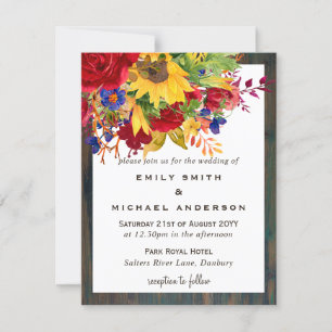 Cartes Pour Fêtes Annuelles Fleurs de soleil rustiques Jaune Bleu Rouge Mariag