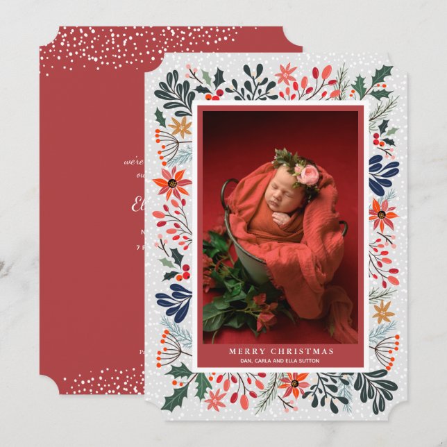 Cartes Pour Fêtes Annuelles Fleurs d'hiver Bébé Photo Annonces de naissance (Devant / Derrière)