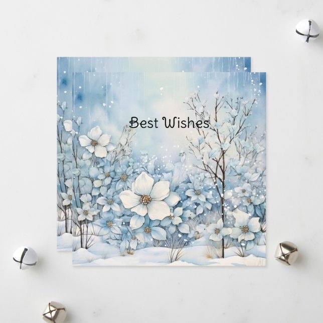 Cartes Pour Fêtes Annuelles Fleurs d'hiver bleu pastel Noël (Devant/Arrière en situation)