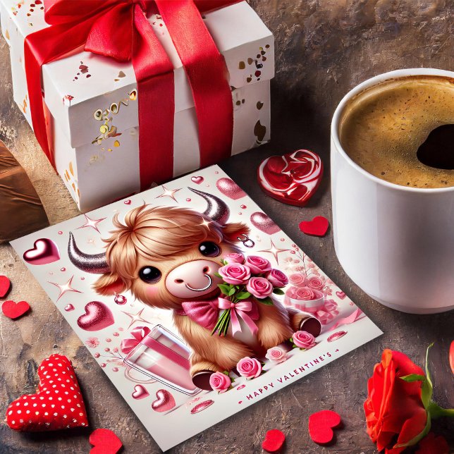 Cartes Pour Fêtes Annuelles Fleurs romantiques Vache des Highlands Saint-Valen (Créateur téléchargé)