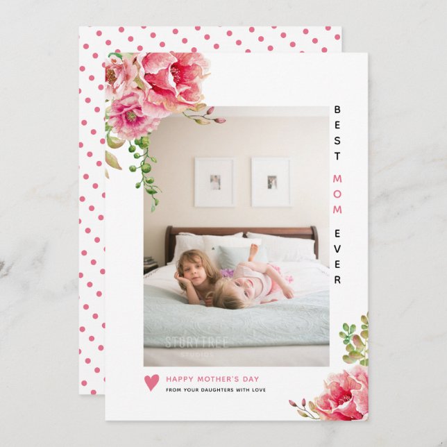 Cartes Pour Fêtes Annuelles Fleurs roses Meilleure maman Toujours la photo de  (Devant / Derrière)